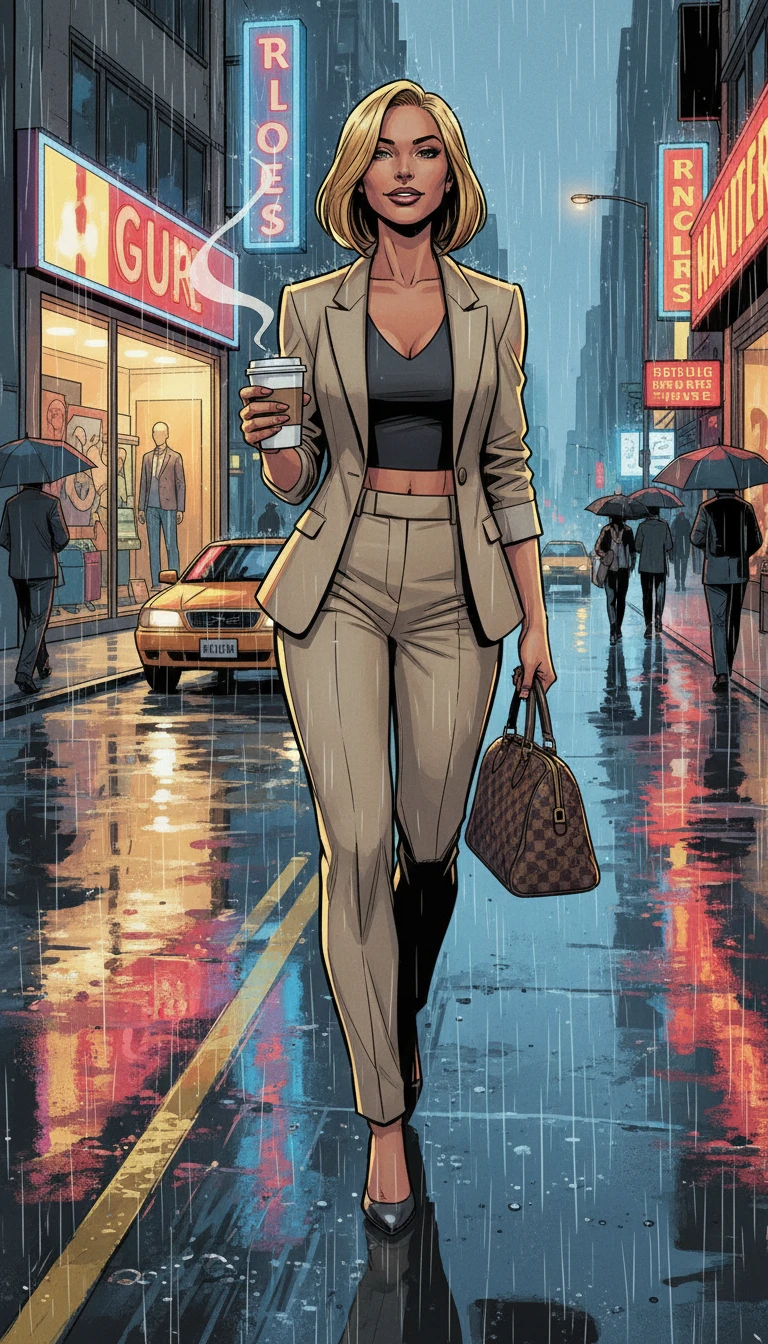 Confident woman walking a rainy city street in beige suit