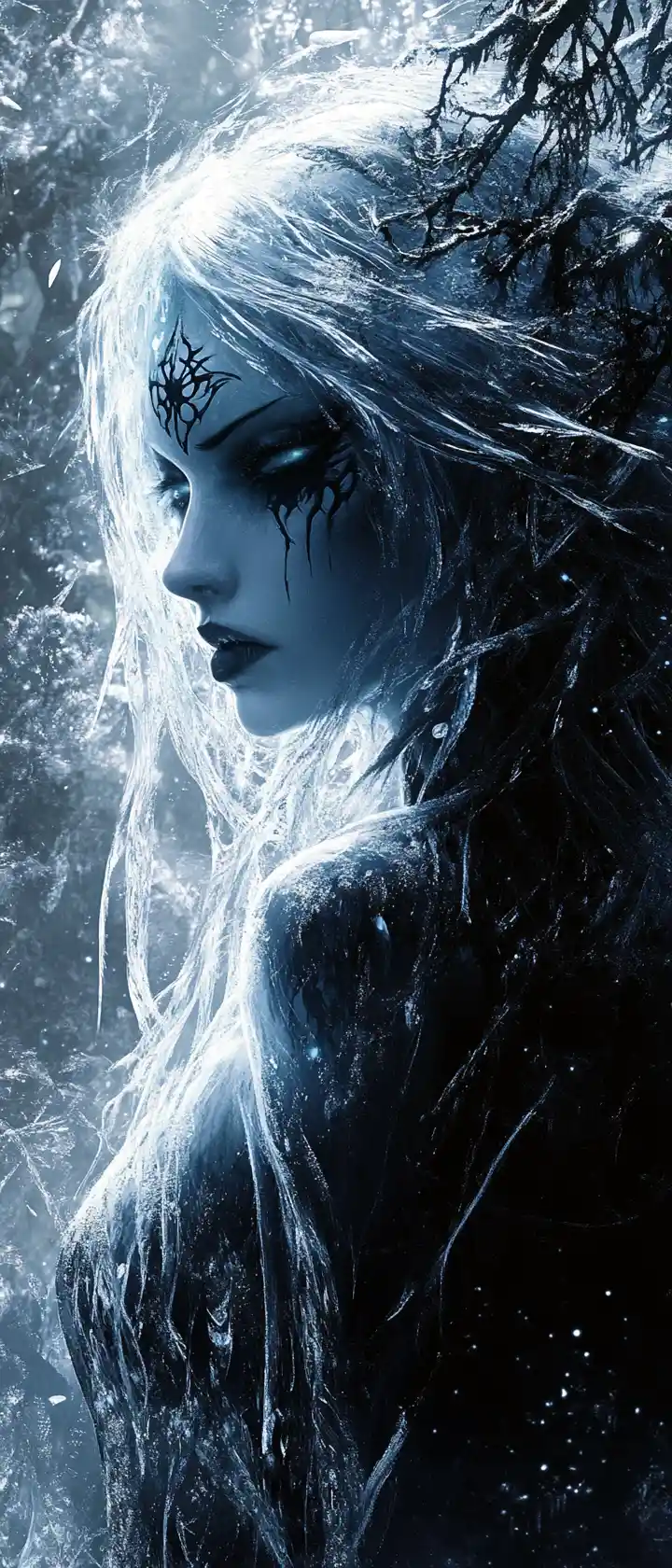 Rostro siniestro de hechicera de hielo en un bosque helado y tenebroso