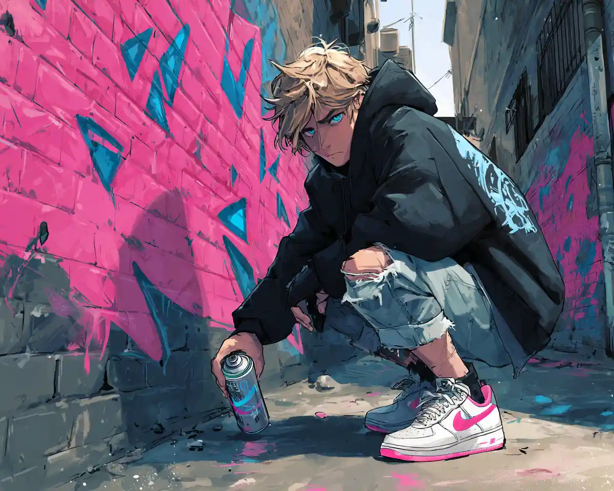 Artista di graffiti in stile anime che dipinge vivace street art in un vicolo
