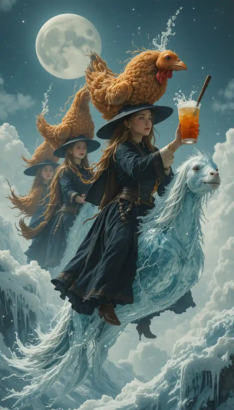 Brujas medievales volando en escobas con comida sobre la cabeza