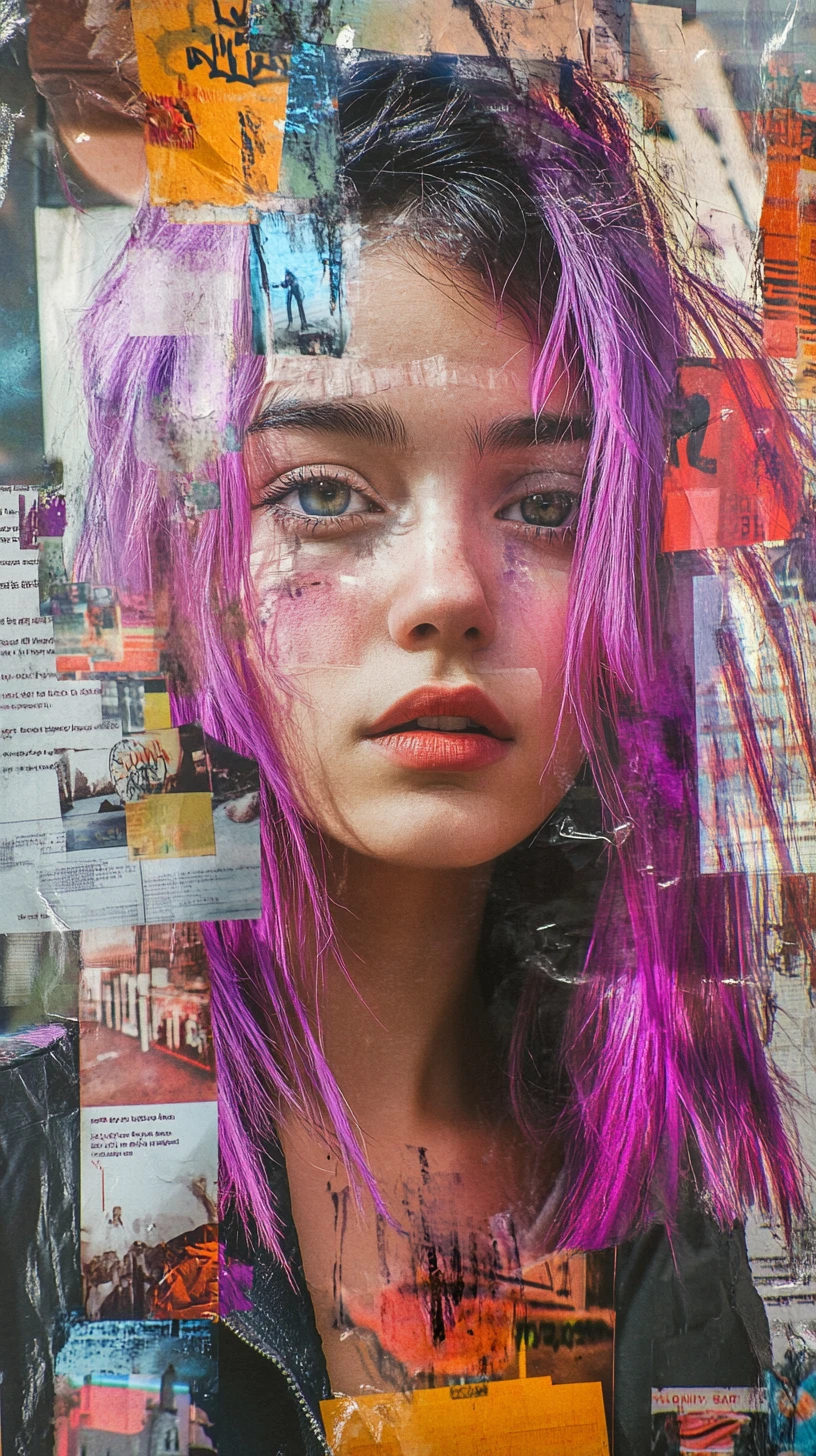 Junge Frau mit fliederfarbenem Haar vor urbaner Plakatcollage