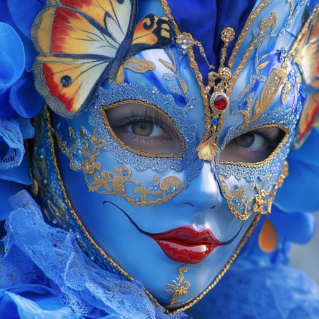 Woman In Blue Butterfly Mask At Venice Carnival