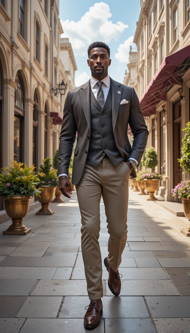 Confident well dressed king walking along sunlit city street