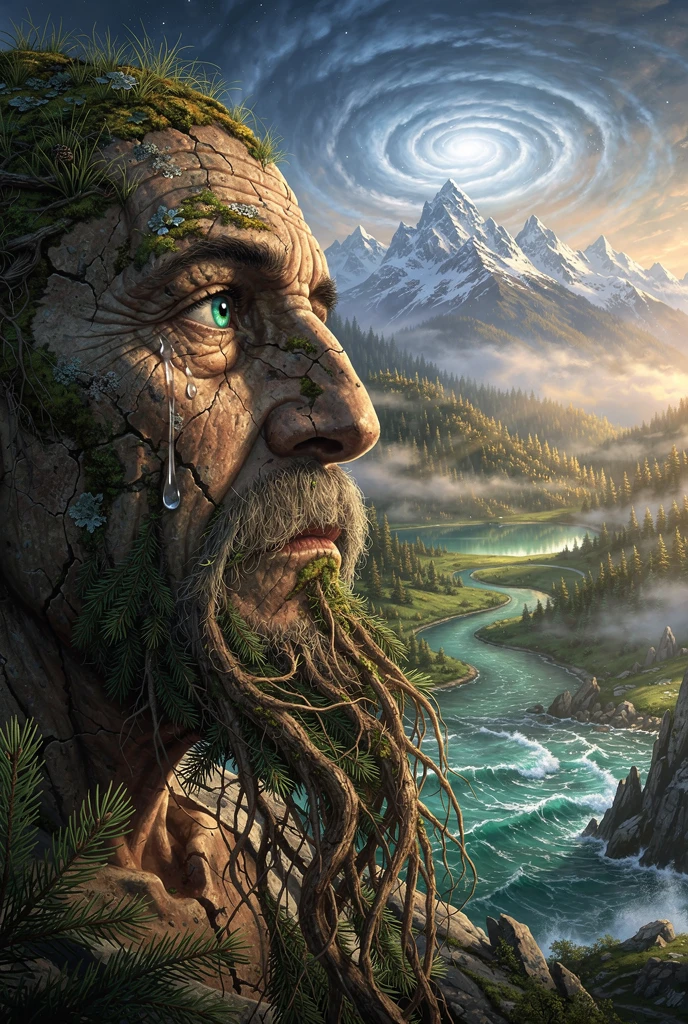 Retrato Surreal de Anciano Formado a partir de un Paisaje Montañoso