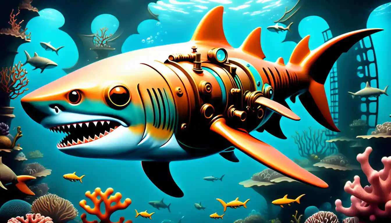 Squalo eroe che scivola in una fiabesca scena oceanica steampunk