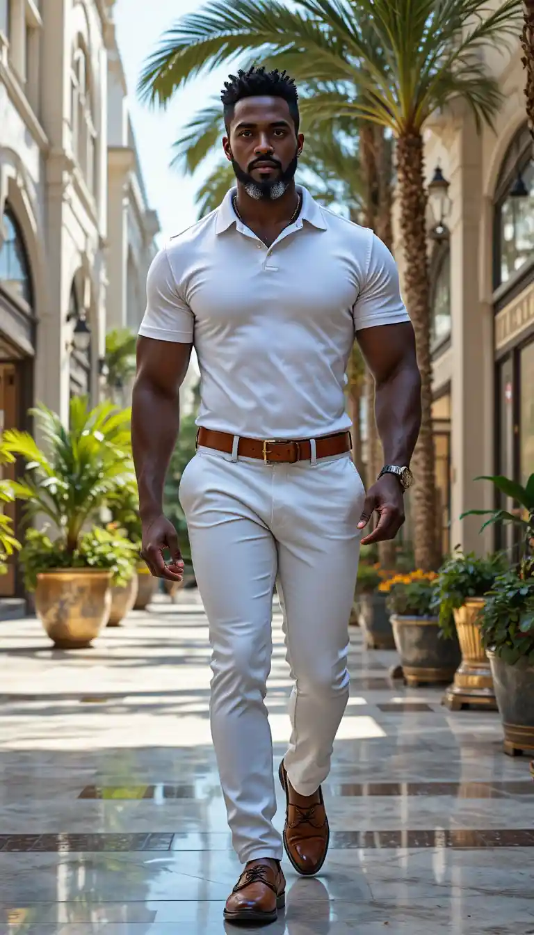 Stylish kingly man walking through luxury outdoor plaza