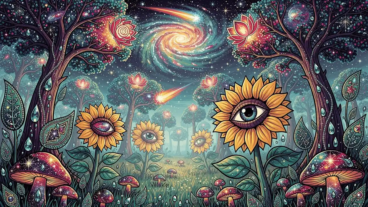 Cosmic psychedelic forest under a swirling galaxy sky