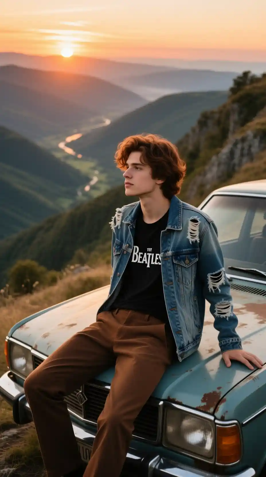 Joven sentado sobre el capó del coche mirando el atardecer sobre el valle