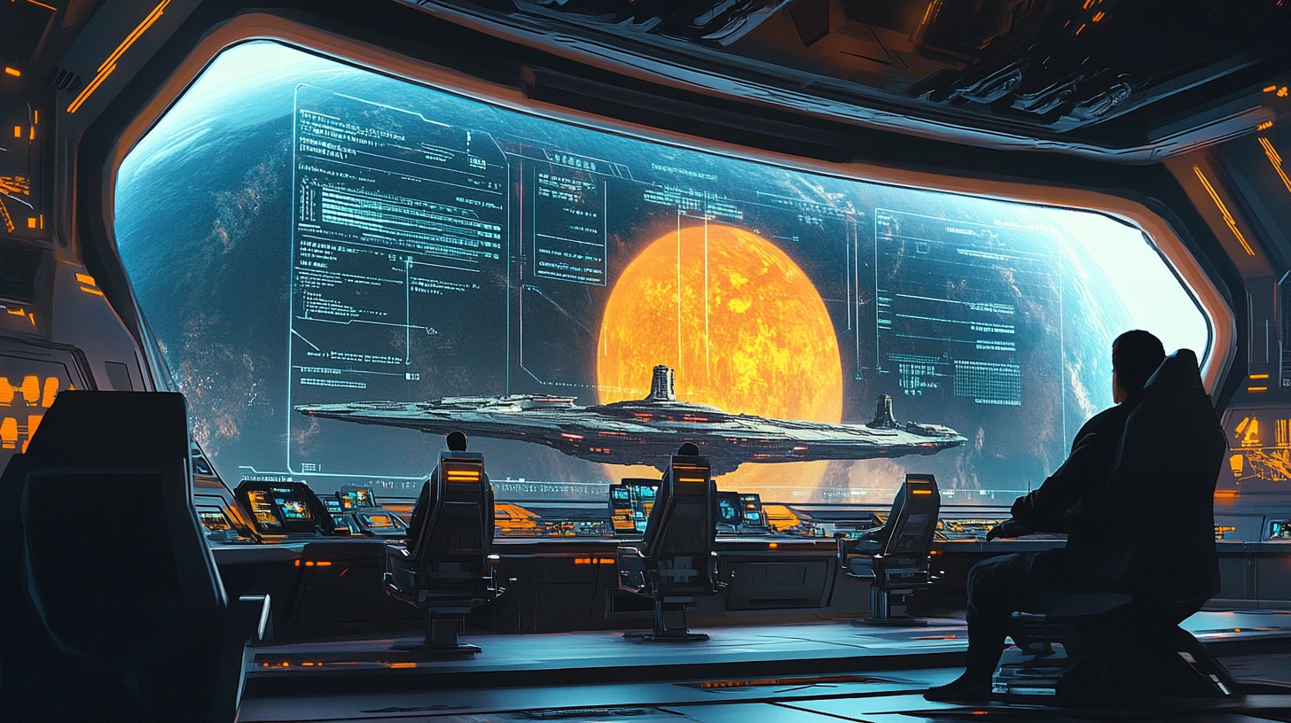 Starship command deck with captain and alien target display