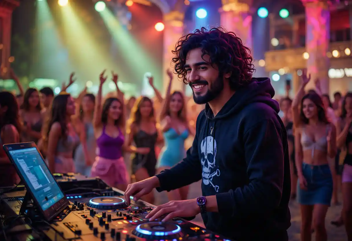 Spanish DJ dancing on Dubai beach with dancing crowd