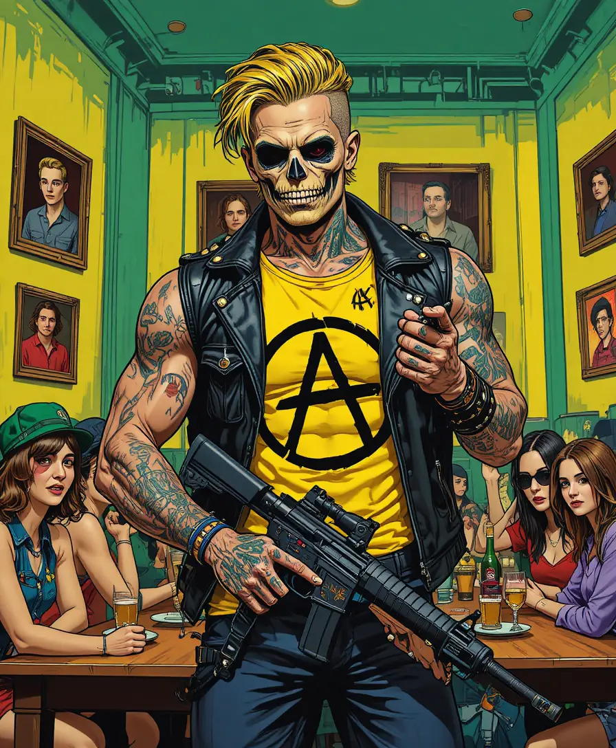 Pistolero punk con maquillaje de calavera en un bar sombrío
