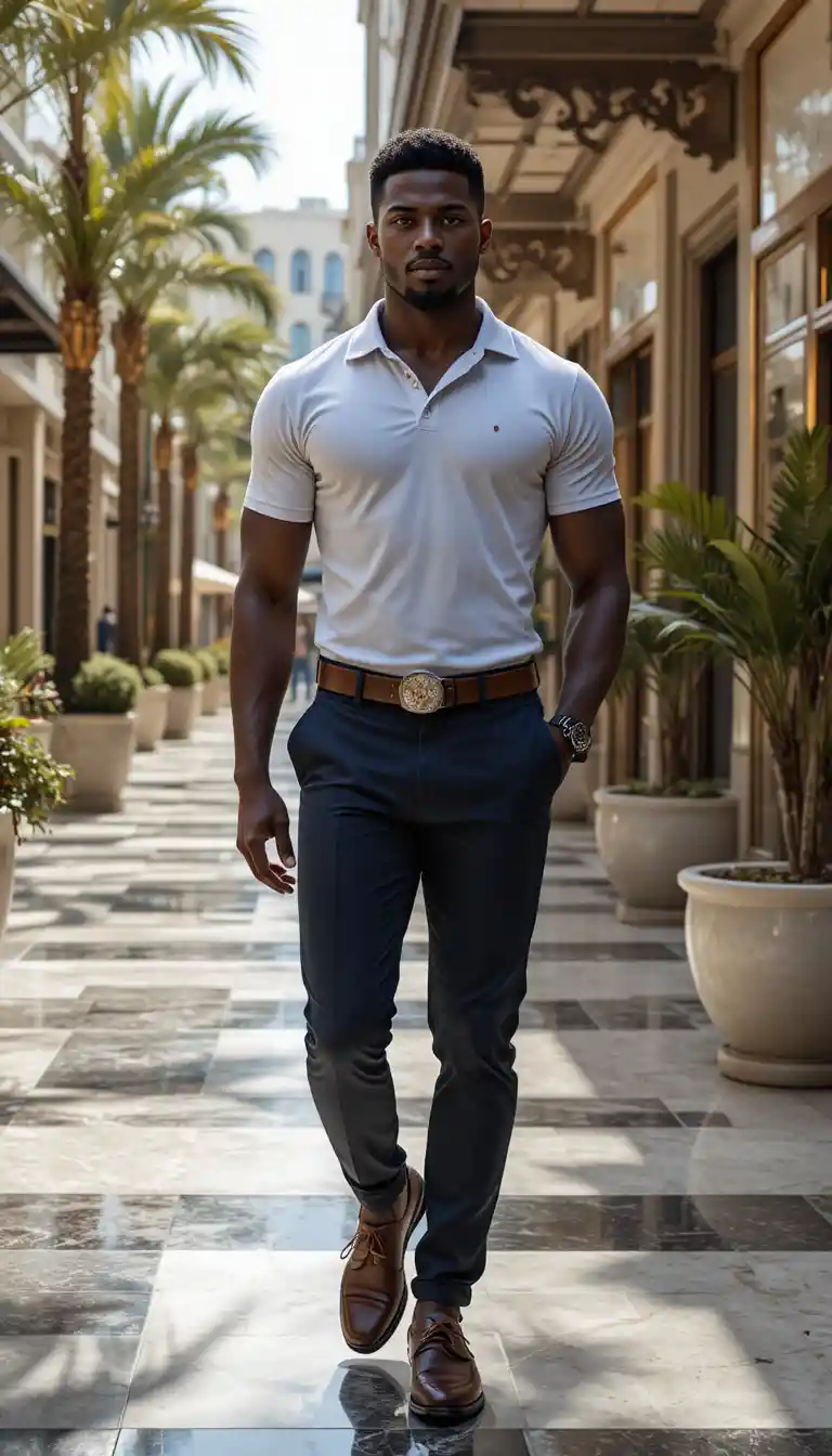 Confident stylish man walking through luxury outdoor mall