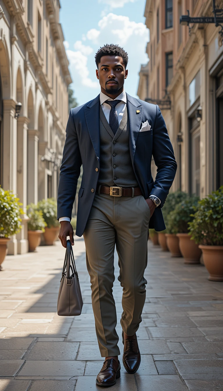 Confident well dressed king walking through sunlit city