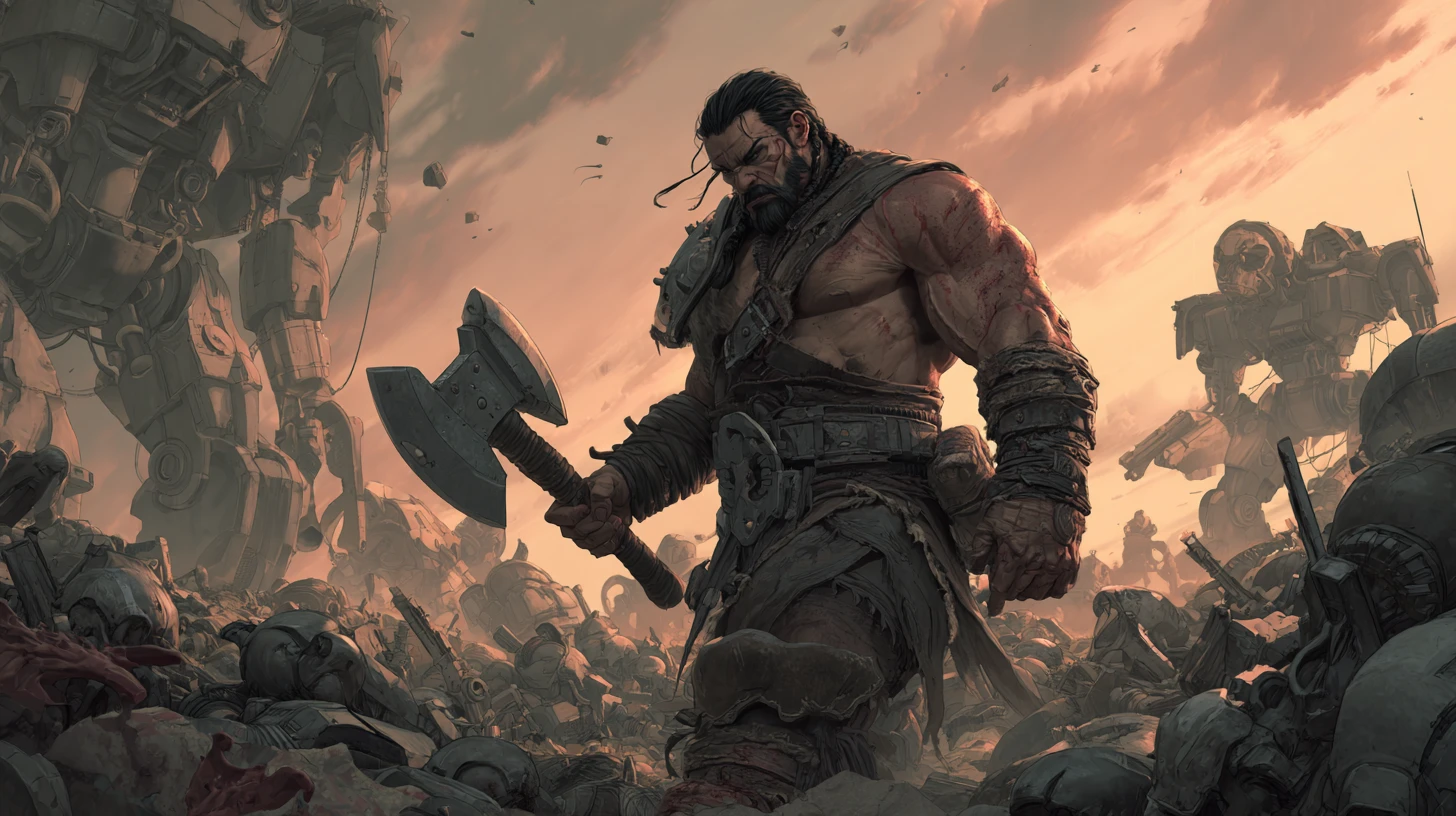 Barbarian warrior charging across a desolate robotic battlefield
