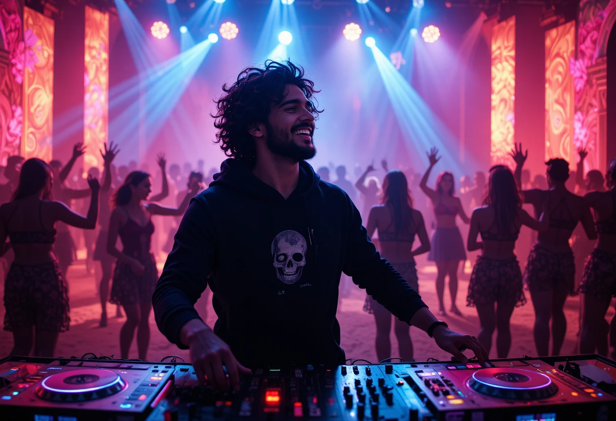 Spanish DJ dancing on a Dubai beach with crowd