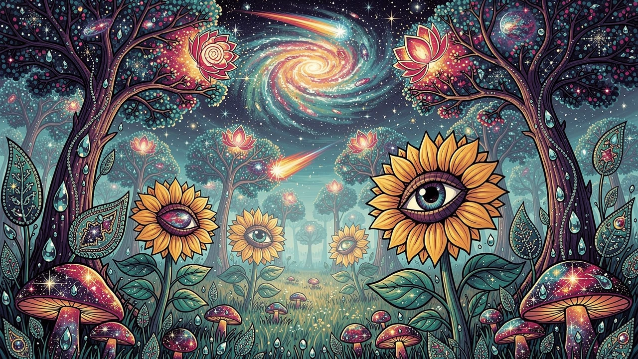 Cosmic psychedelic forest under a swirling galaxy sky