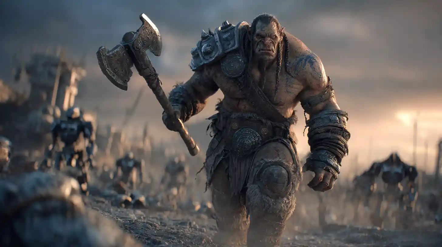 Guerrero bárbaro cargando a través de un desolado campo de batalla robótico