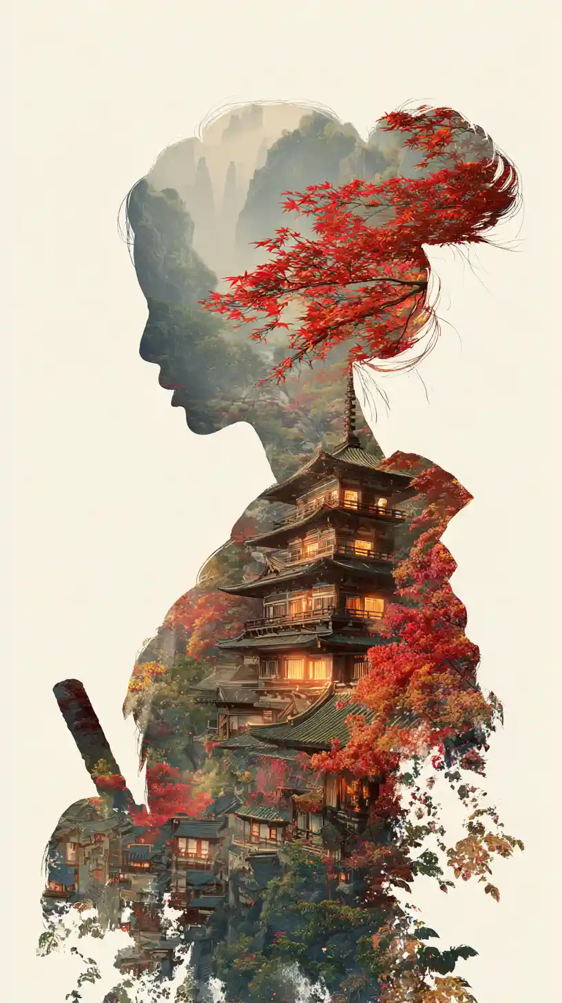 Woman silhouette filled with misty Japanese mountain village