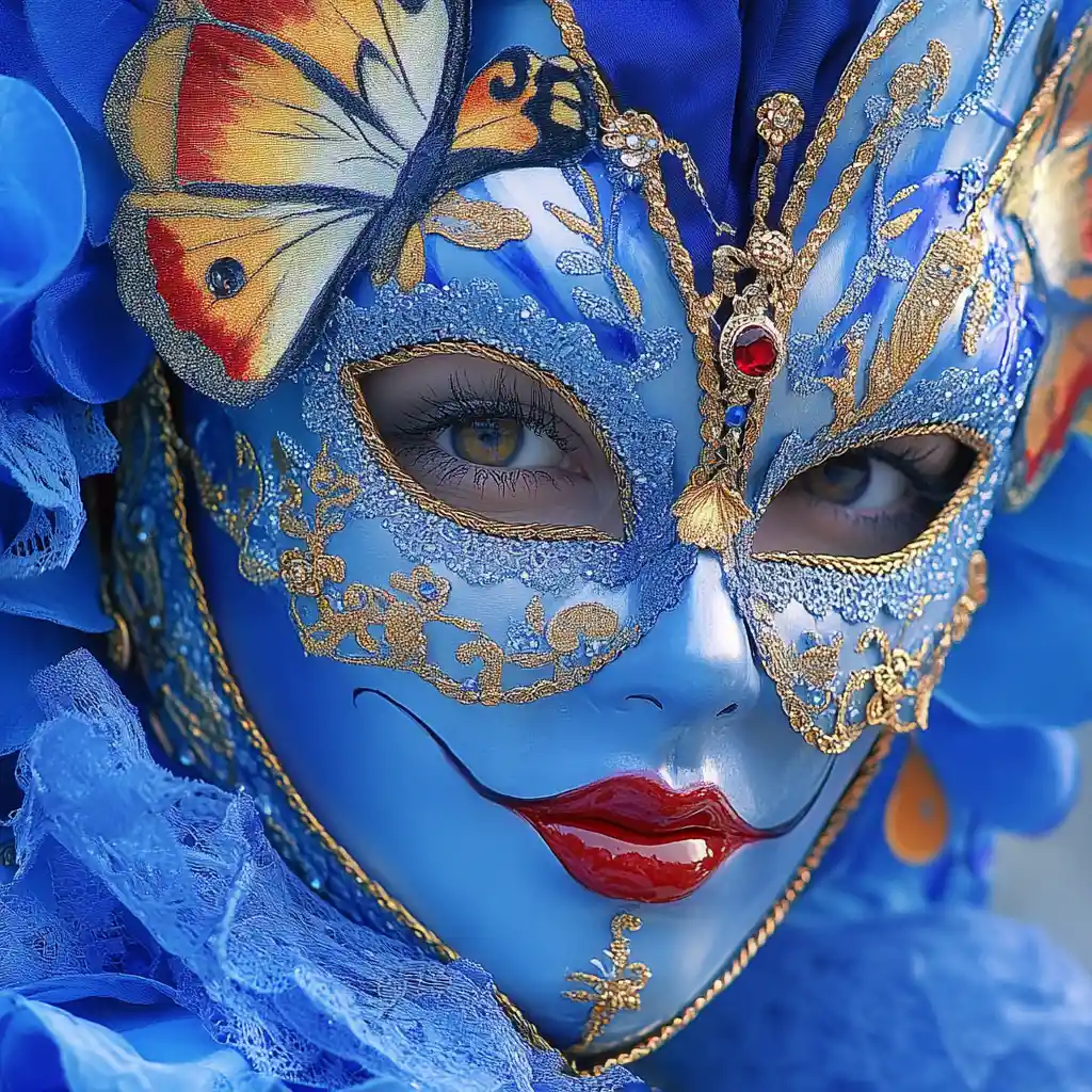 Woman In Blue Butterfly Mask At Venice Carnival