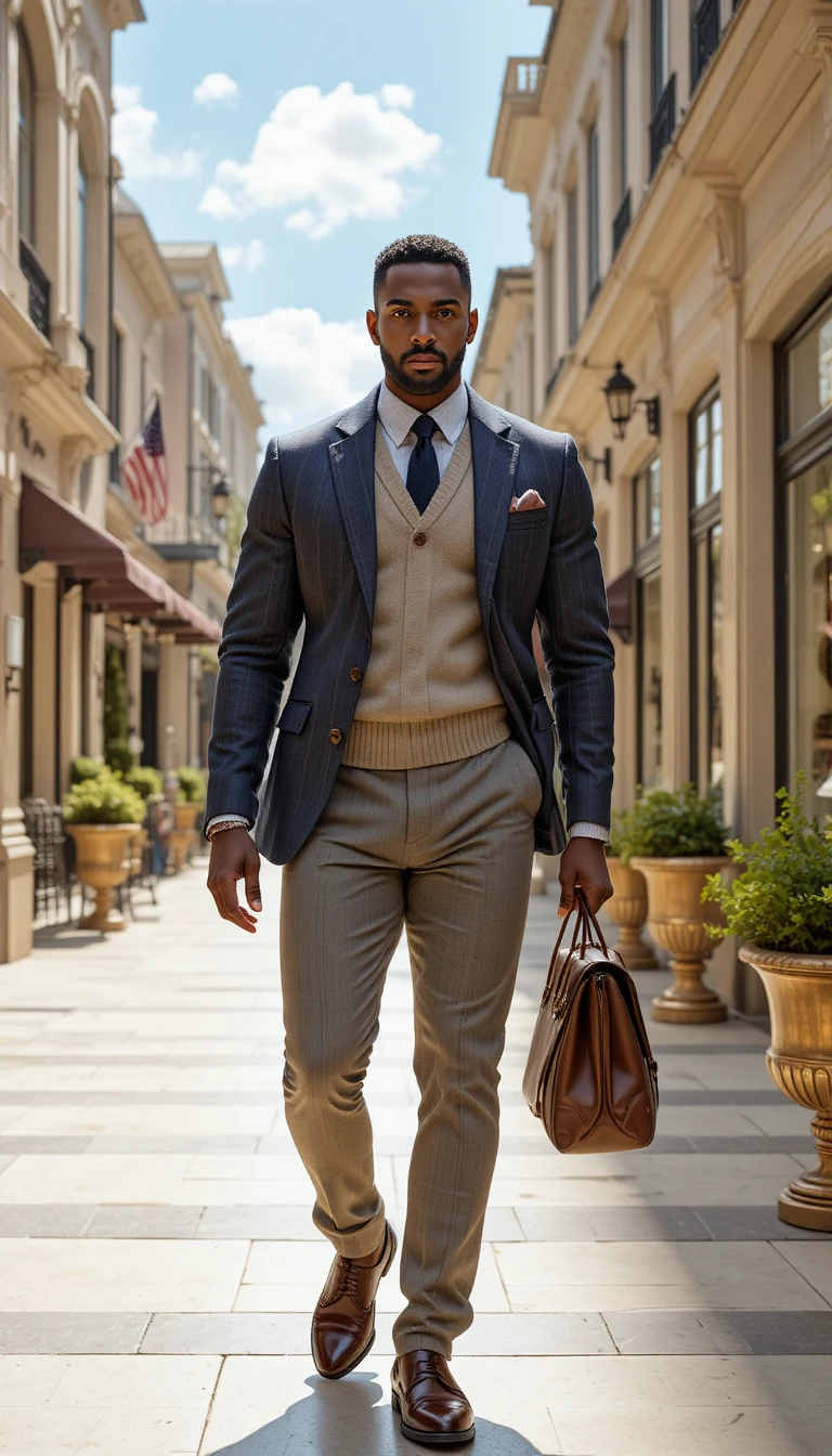 Confident stylish king walking along a sunlit city street