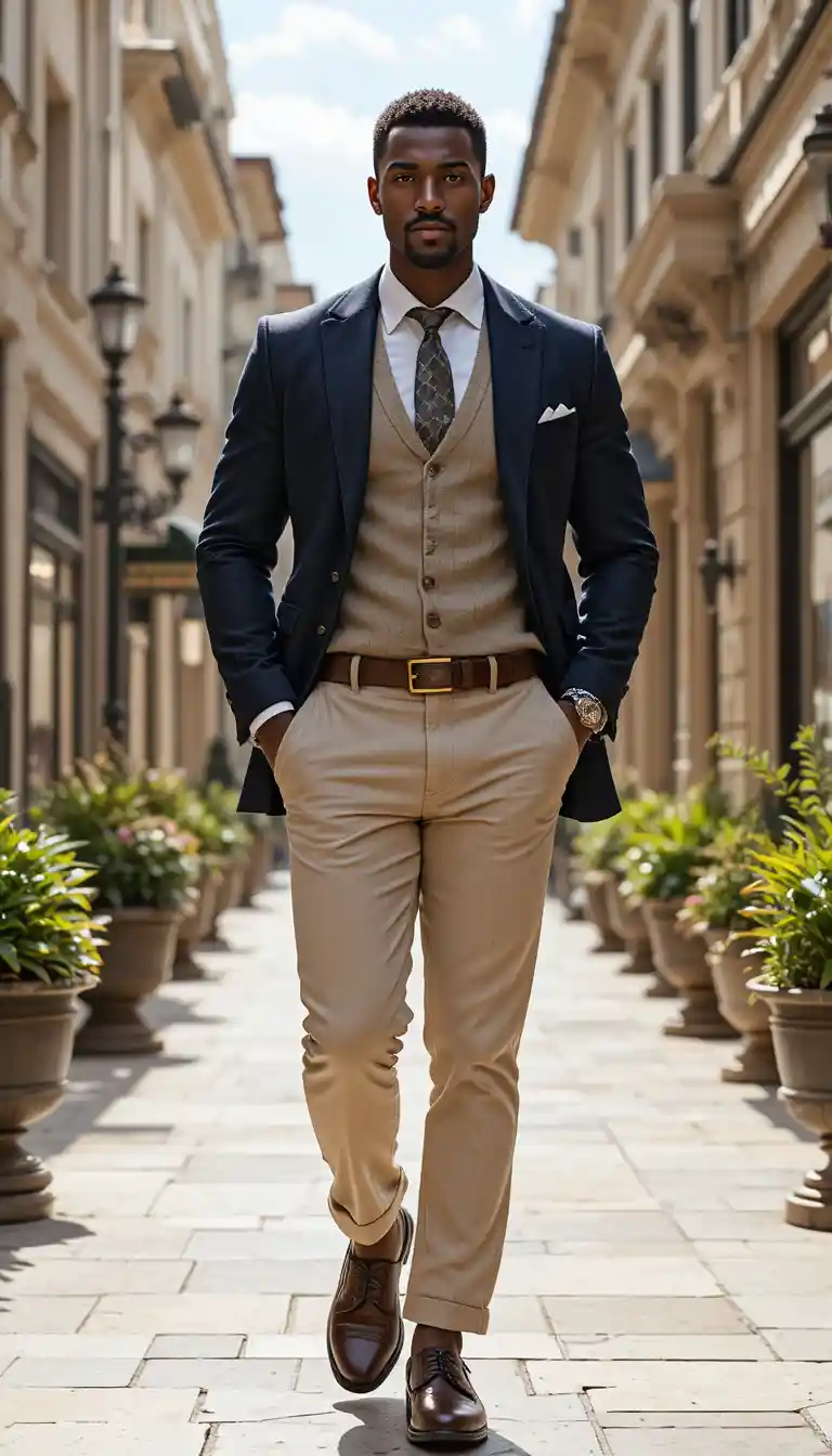 Elegant kingly man walking a sunlit luxury city street