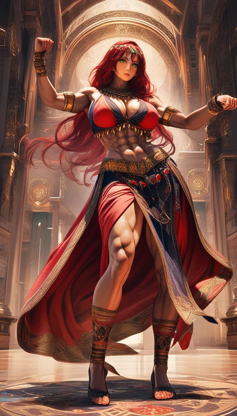 Tall muscular amazon woman dancing in harem attire