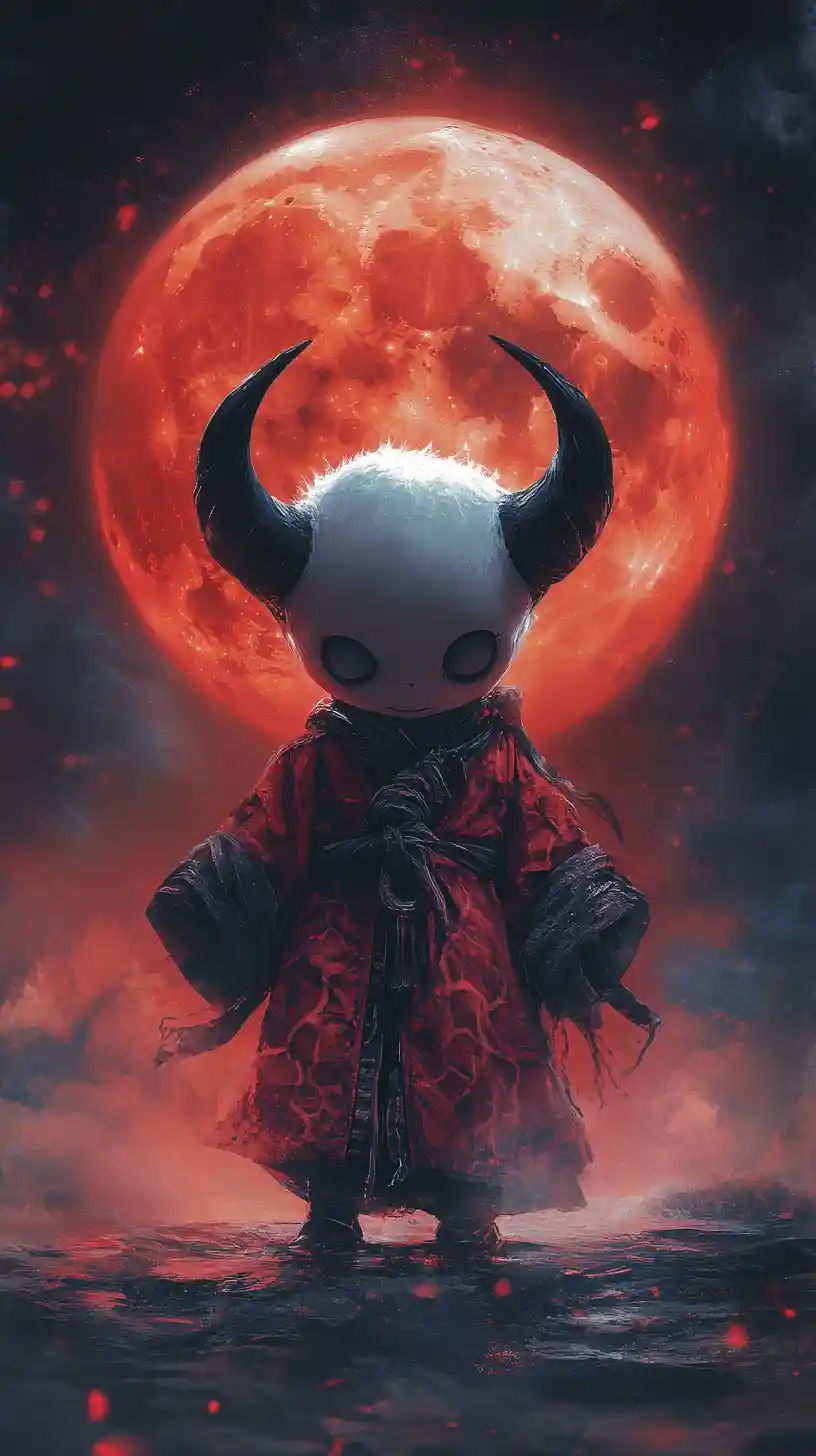 Ferocious chibi demon floating under a glowing red moon