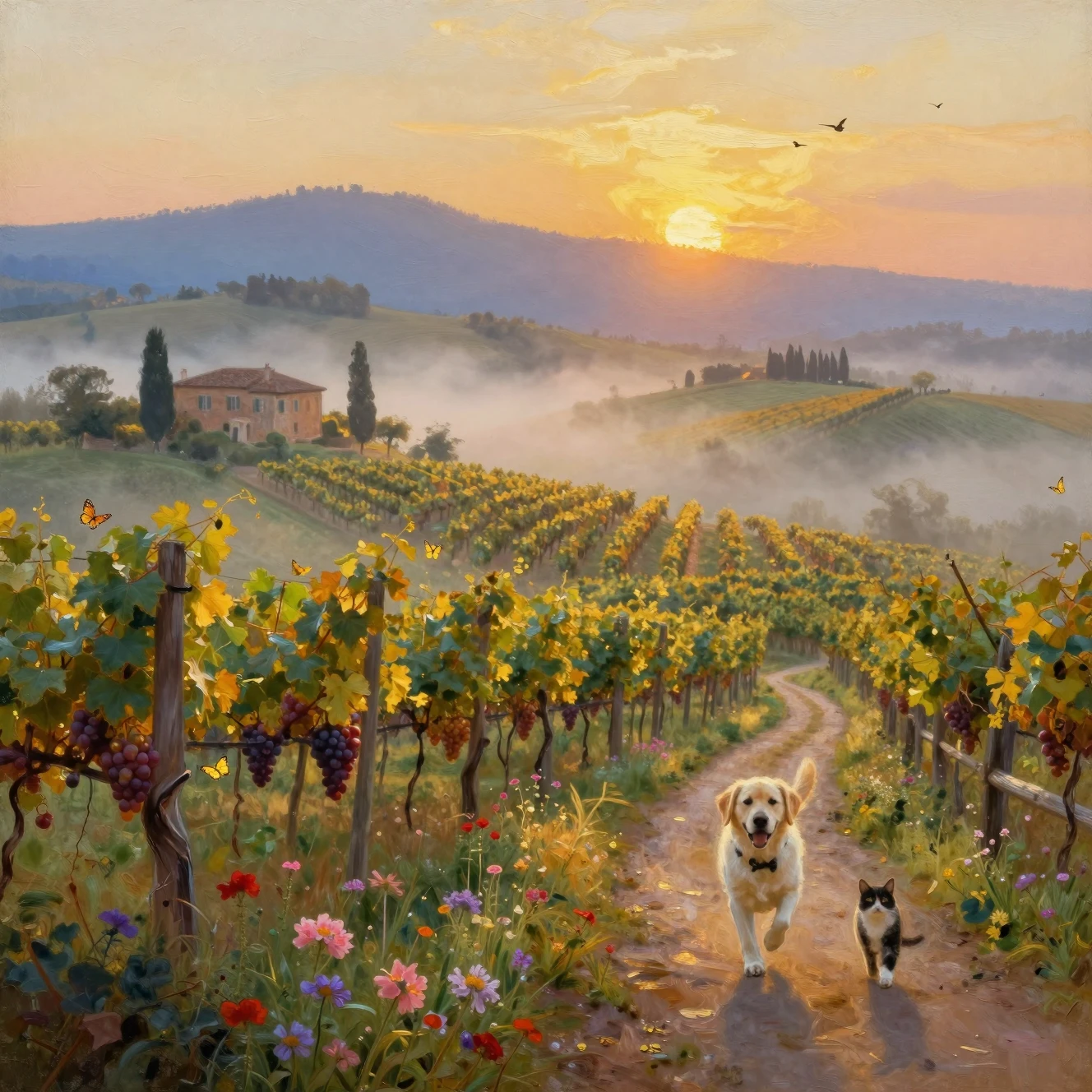 Goldener Sonnenaufgang über nebligem Weinbergtal