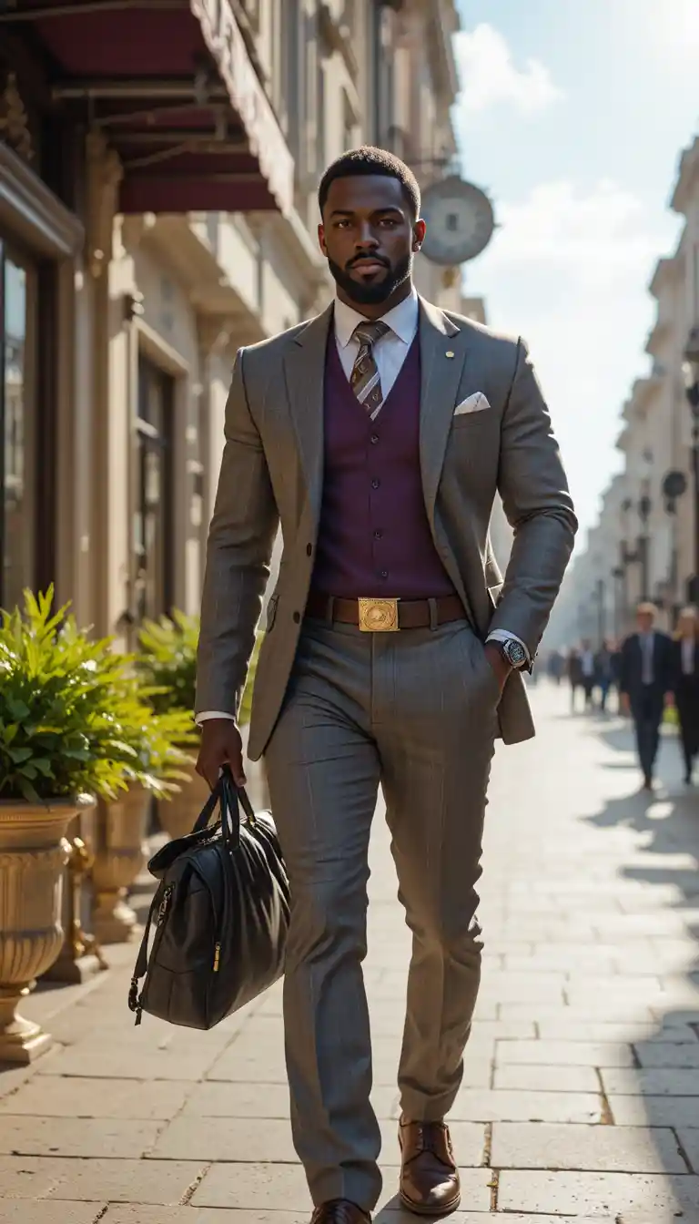 Confident well dressed king walking through sunlit city street