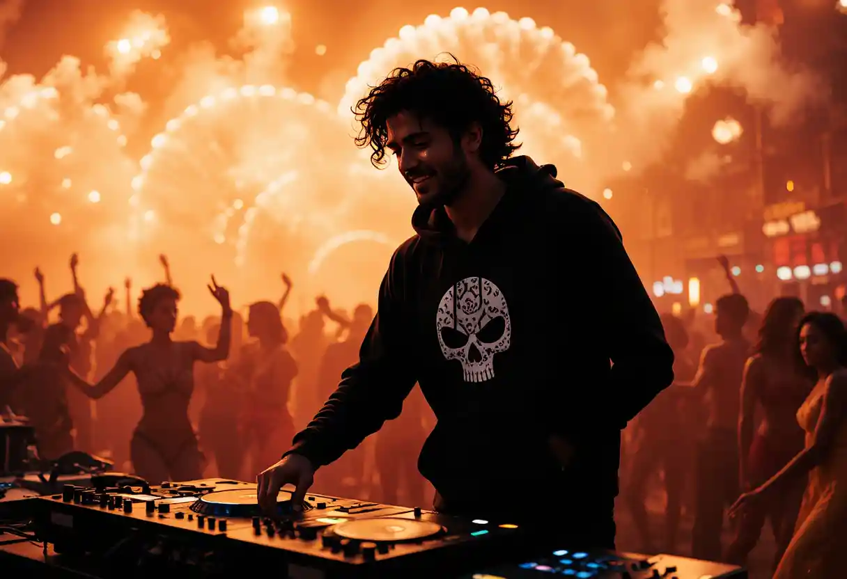 Spanish dj performing on a beach in Dubai at night