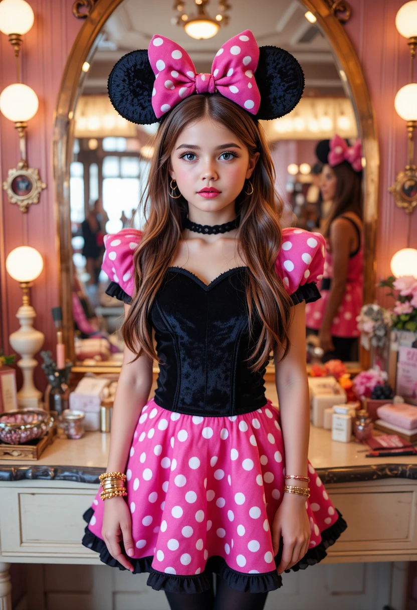 Chico preadolescente ansioso vestido de Minnie Mouse en boutique