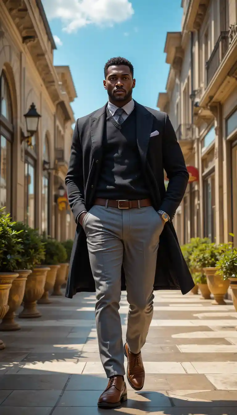 Confident ebony king walking through a sunlit luxury street