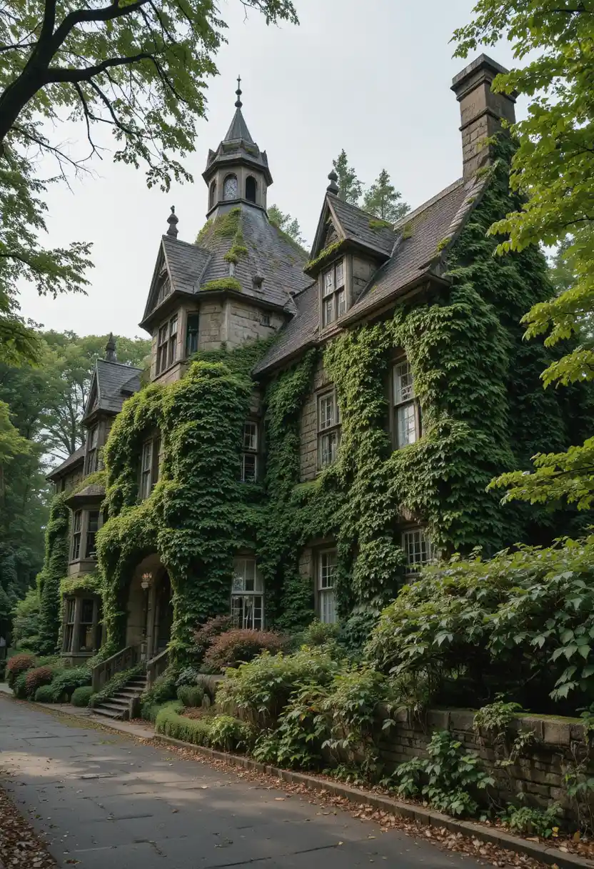 Old limestone mansion with wild ivy covered oak garden