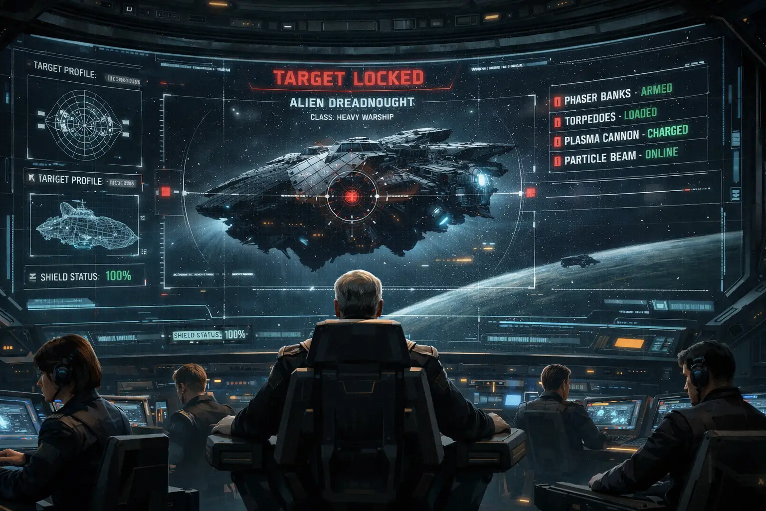 Starship command deck with captain and alien vessel display