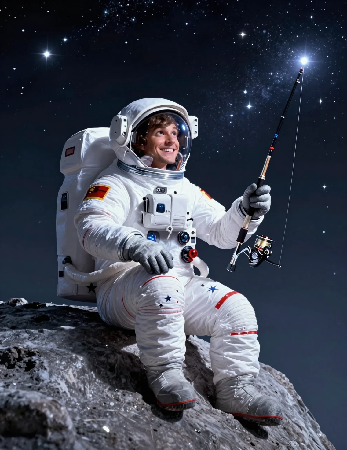 Astronauta aventurero pescando una estrella en la Luna