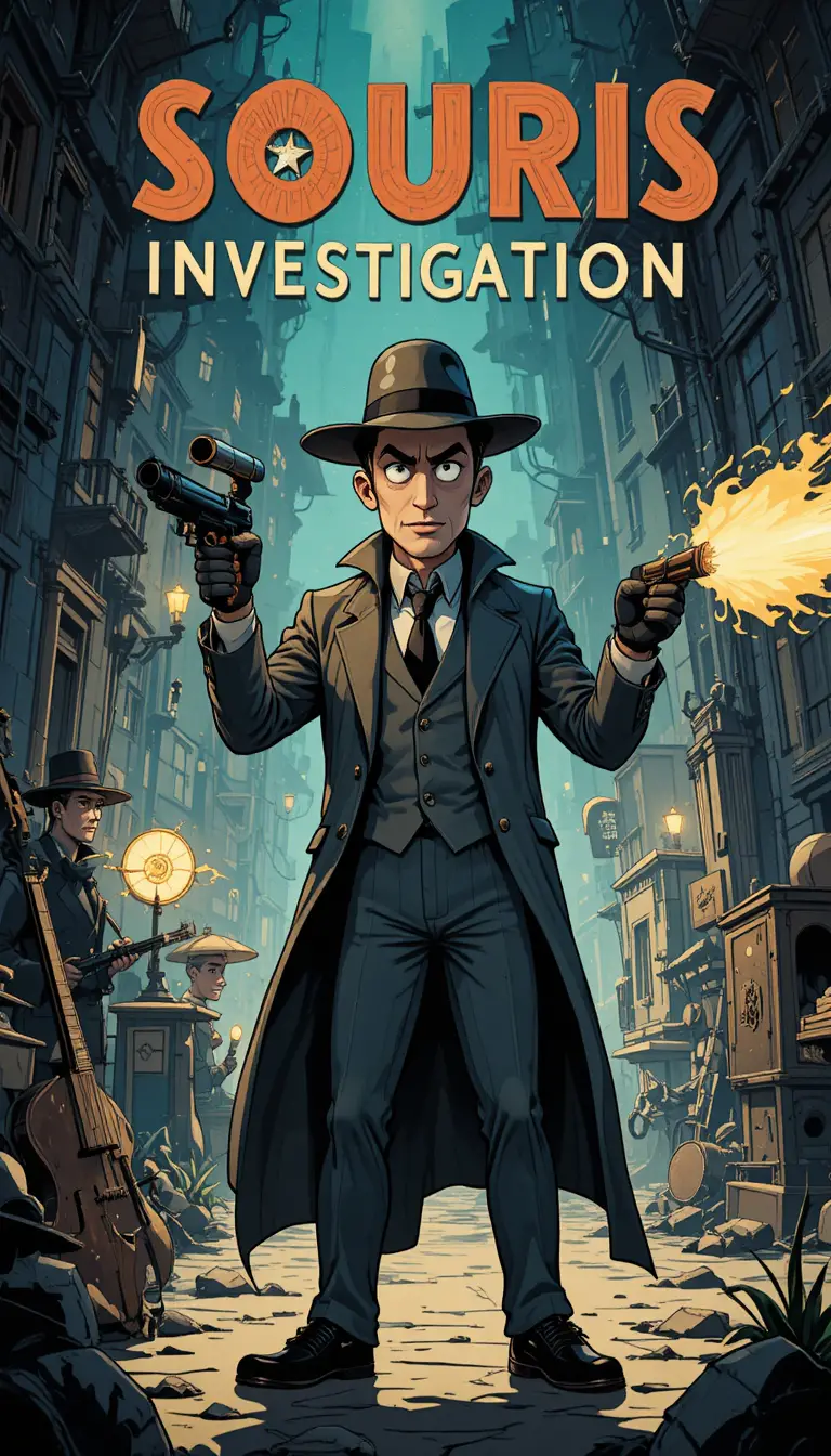 Cartoon detective in a jazzy city street gunfight scene