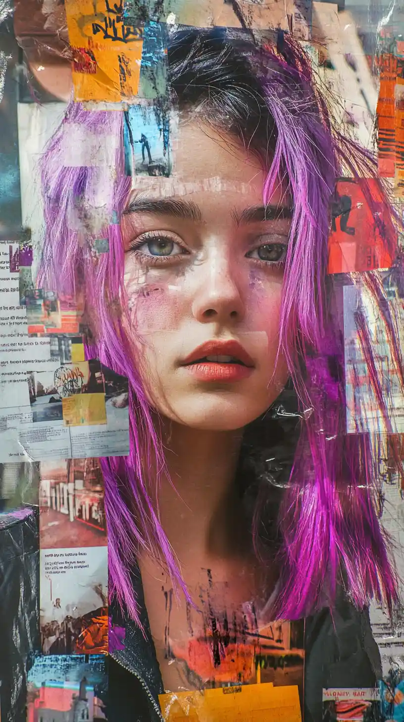 Junge Frau mit fliederfarbenem Haar vor urbaner Plakatcollage