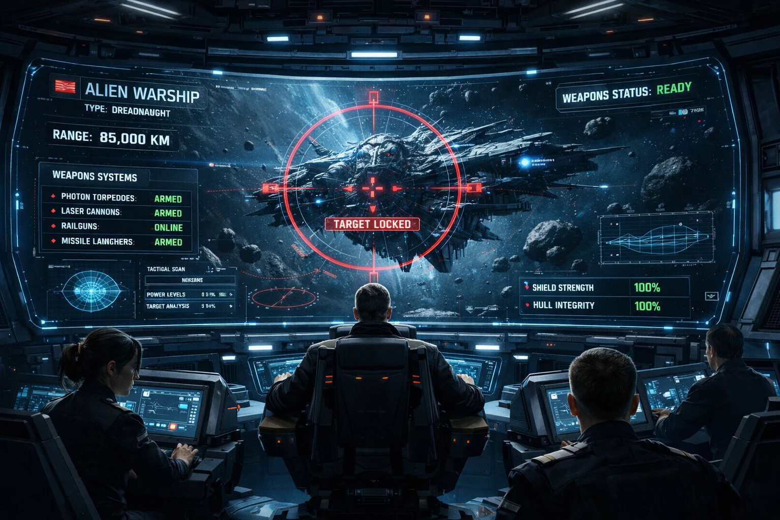 Starship command deck with captain and alien vessel display