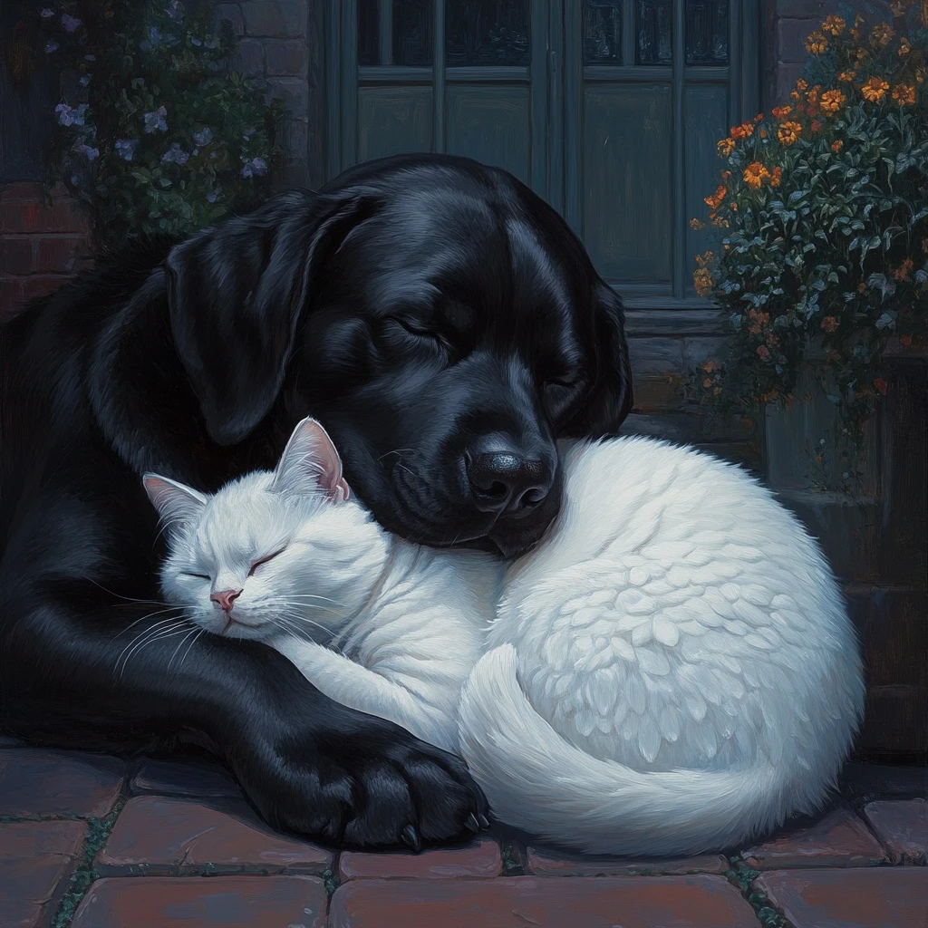 Labrador negro abrazando a un gato persa blanco dormido por la noche
