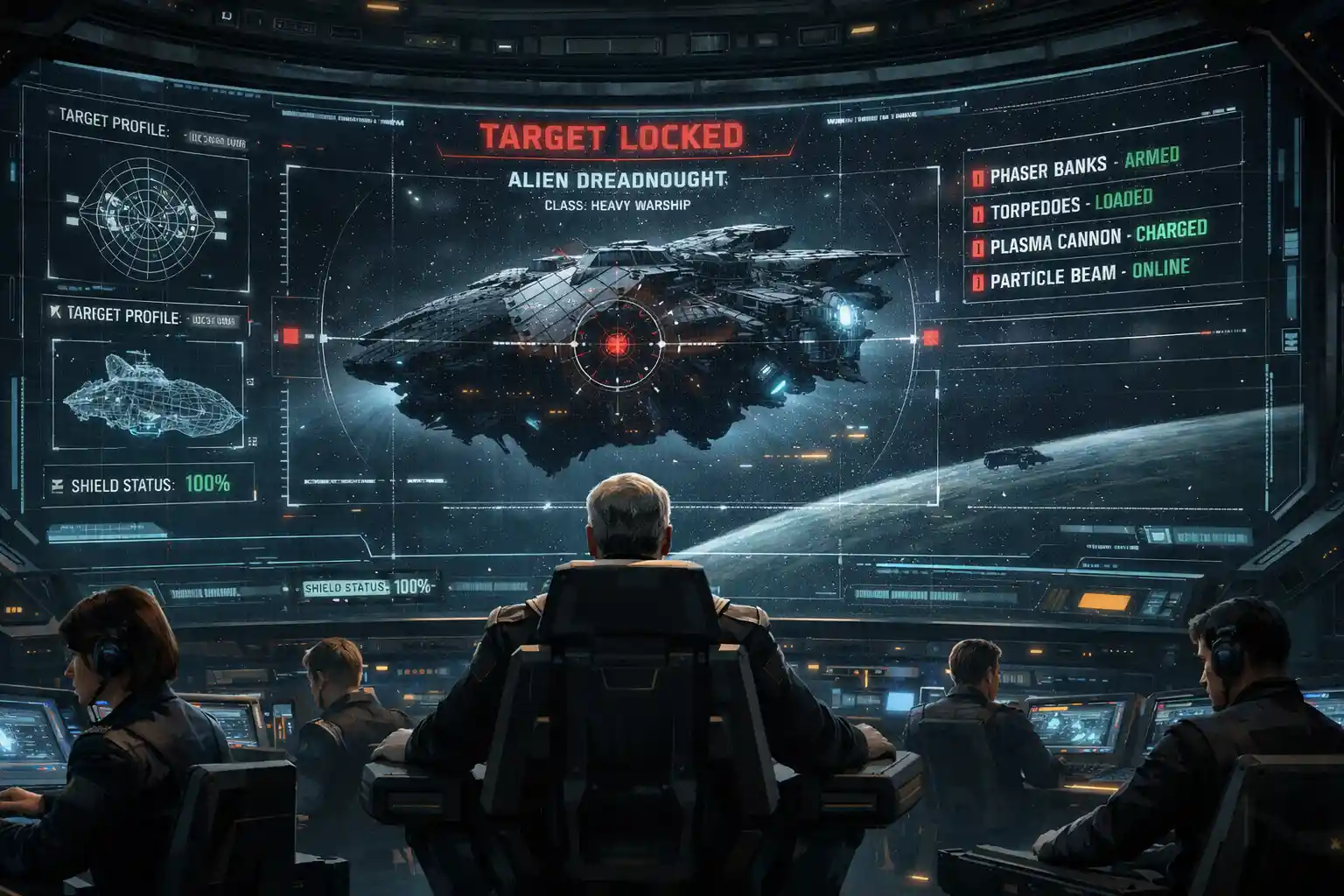 Starship command deck with captain and alien vessel display