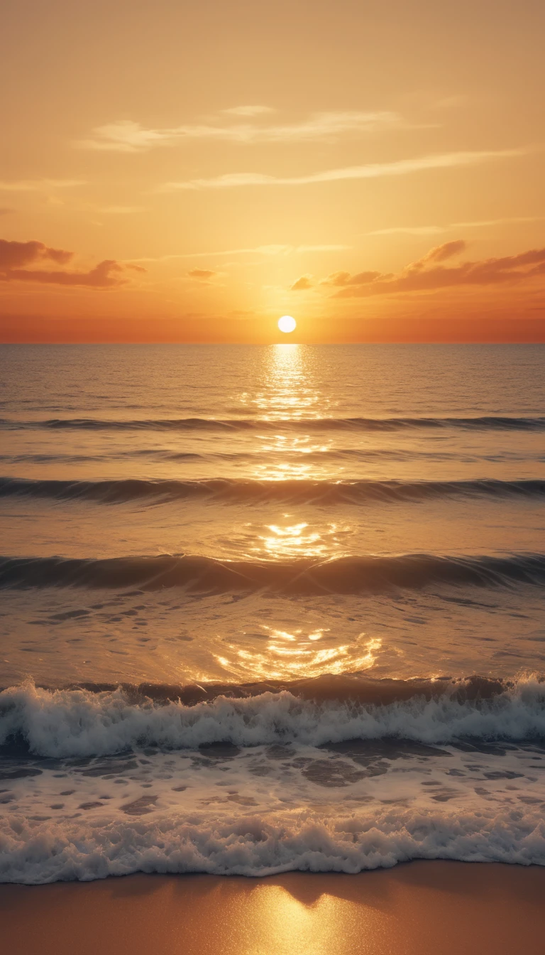 Golden sunset over calm sea with gentle rolling waves