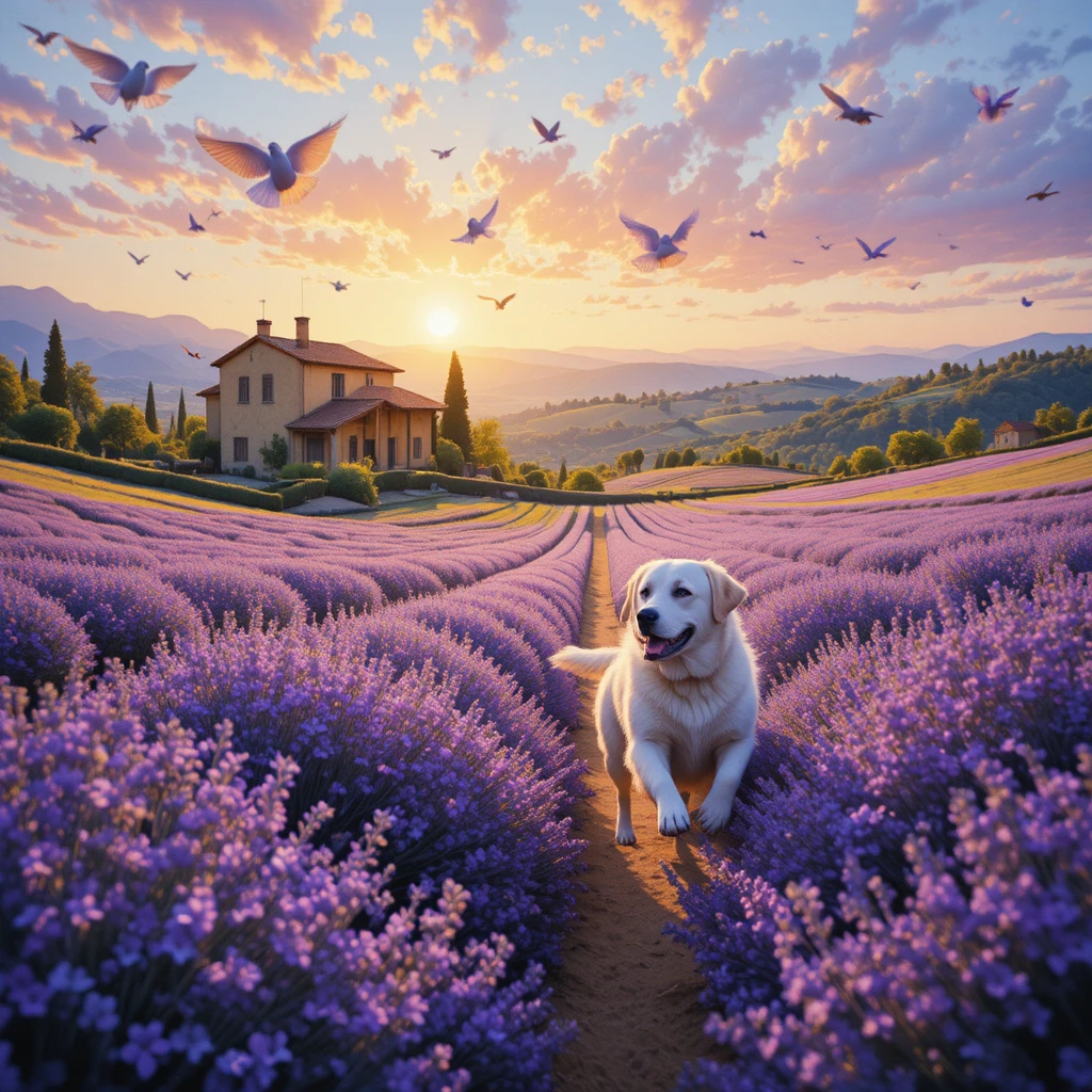 Cane che corre in un campo di lavanda all’ora d’oro