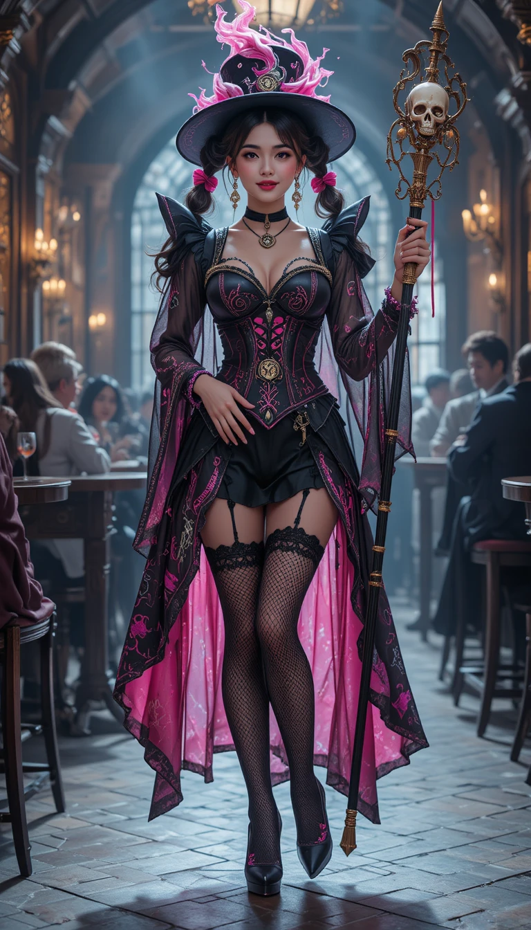 Hechicera coreana con atuendo negro y rosa en una taberna