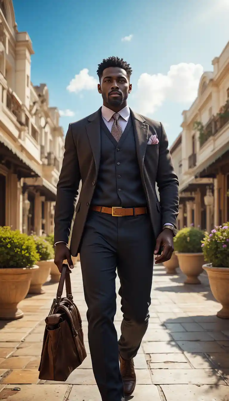 Confident well dressed king walking through sunny city street