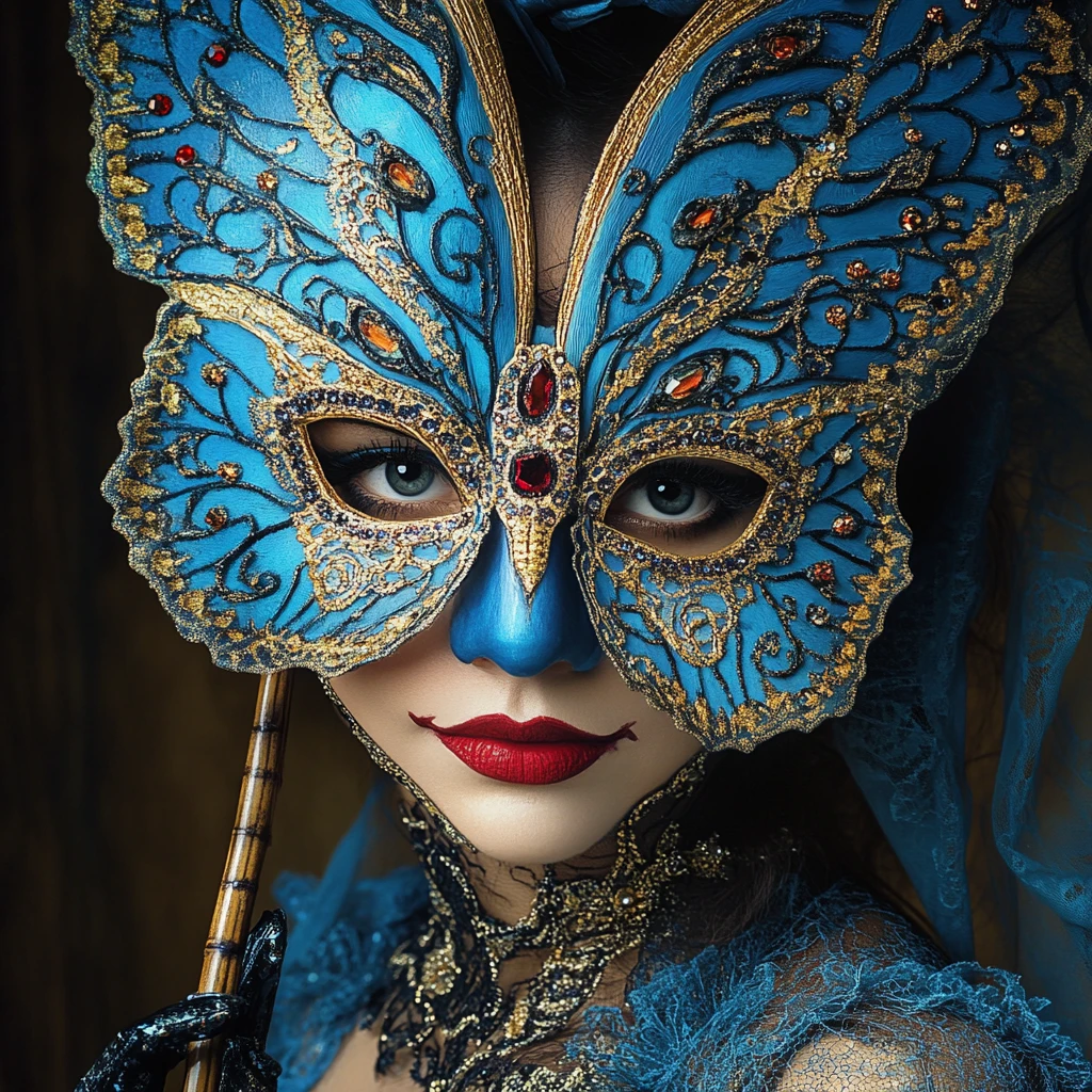 Femme masquée avec un élégant masque de carnaval bleu en forme de papillon