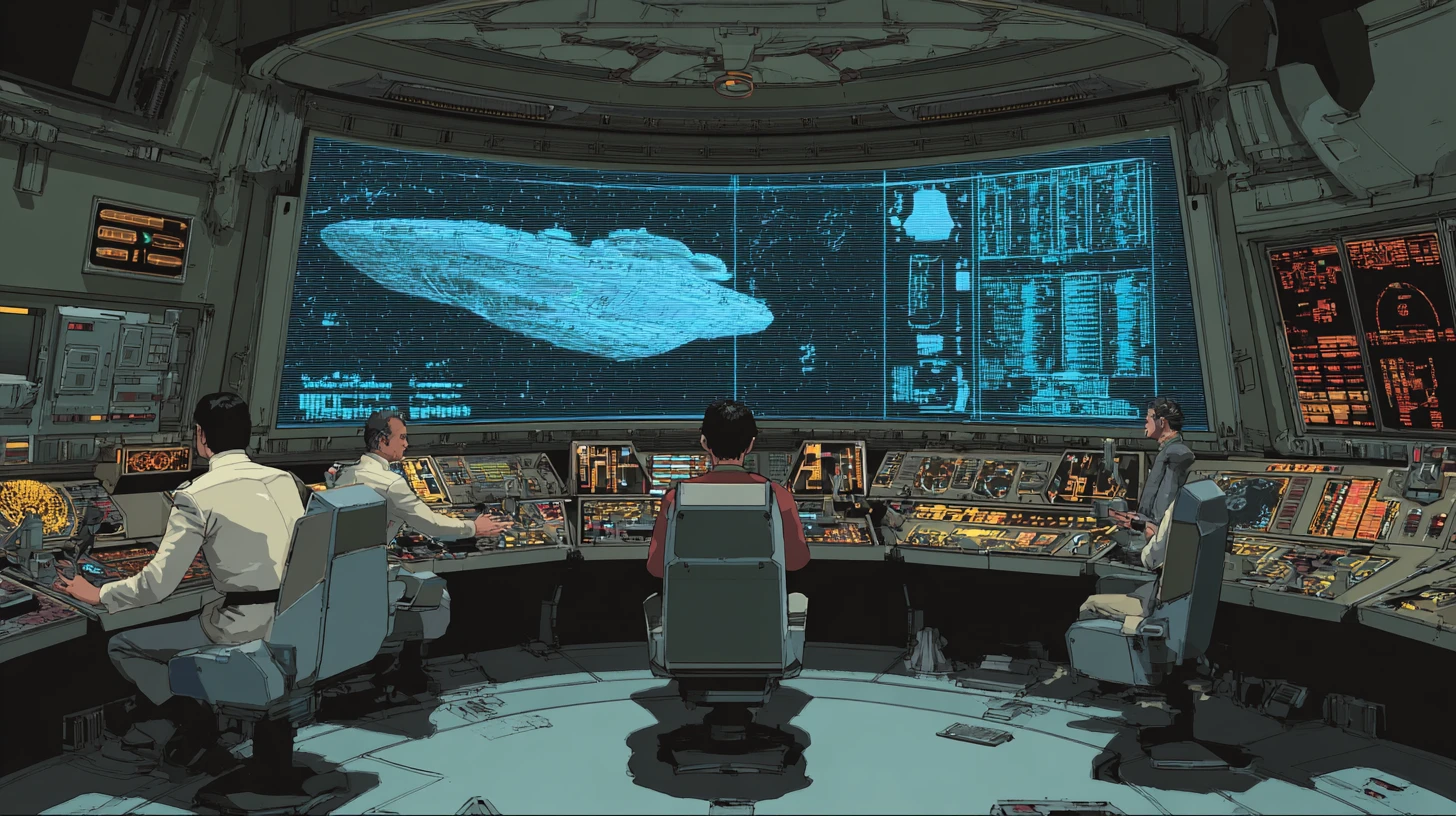 Starship captain on command deck facing targeted alien vessel