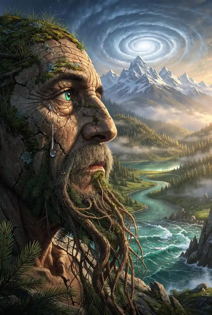 Surreal Elderly Man Portrait Formed From Mountain Landscape