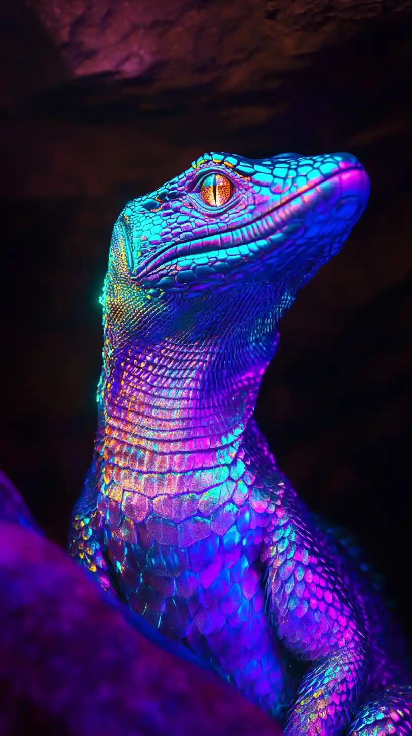 Basilisco al neon in posa in una scena di moda in una caverna oscura