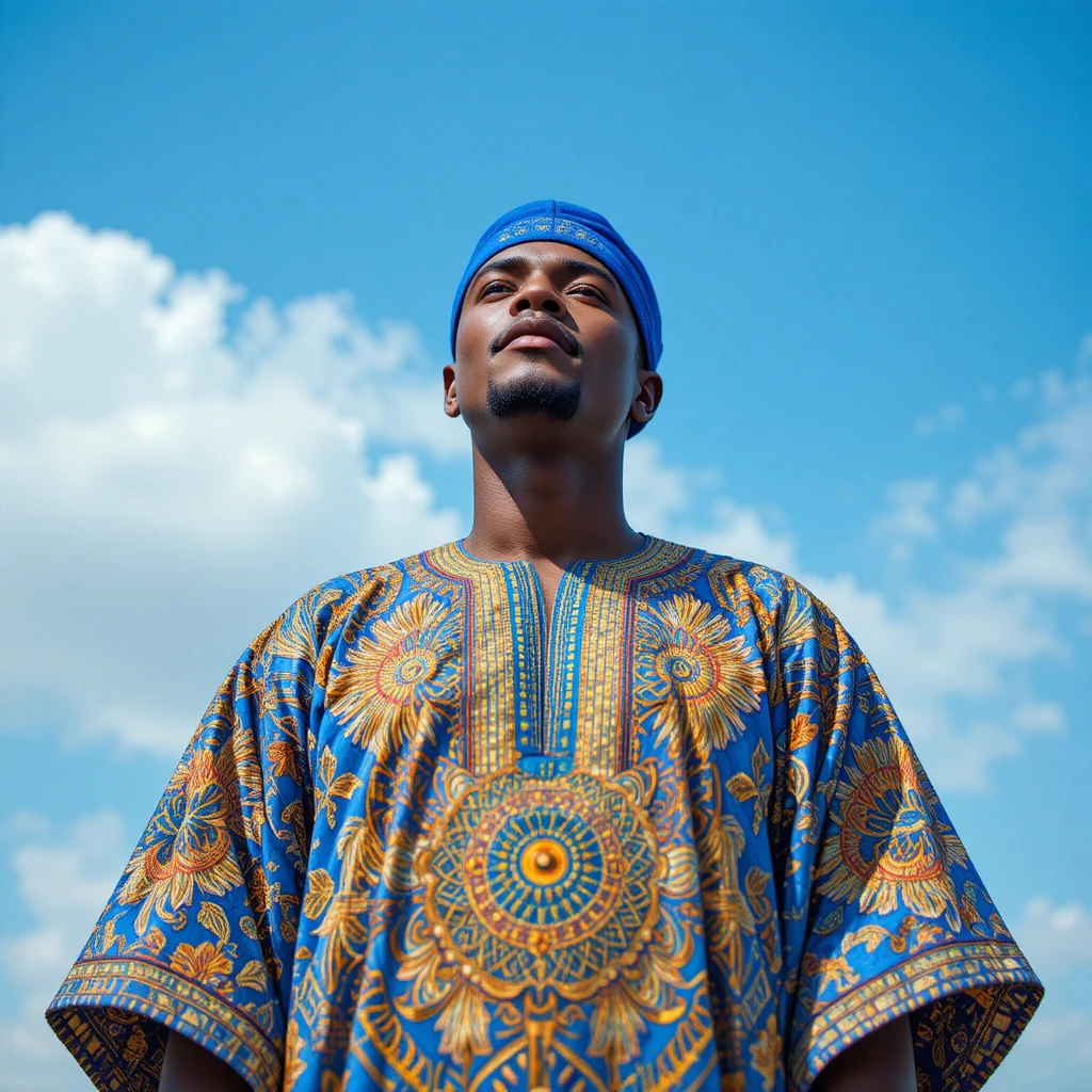 Homme nigérian en cafetan bleu regardant le ciel dégagé