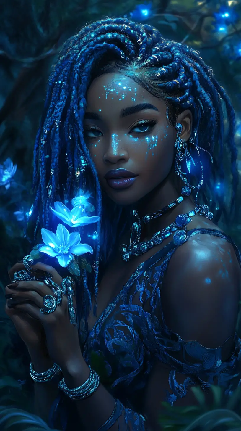 Donna nera mistica con fiori luminosi in una foresta blu